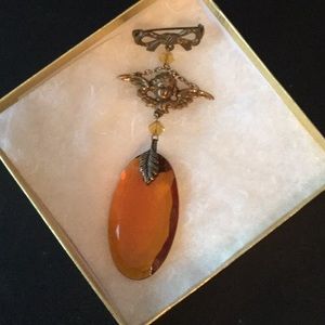 Antiqued Gold Amber Colored Brooch/Pin.